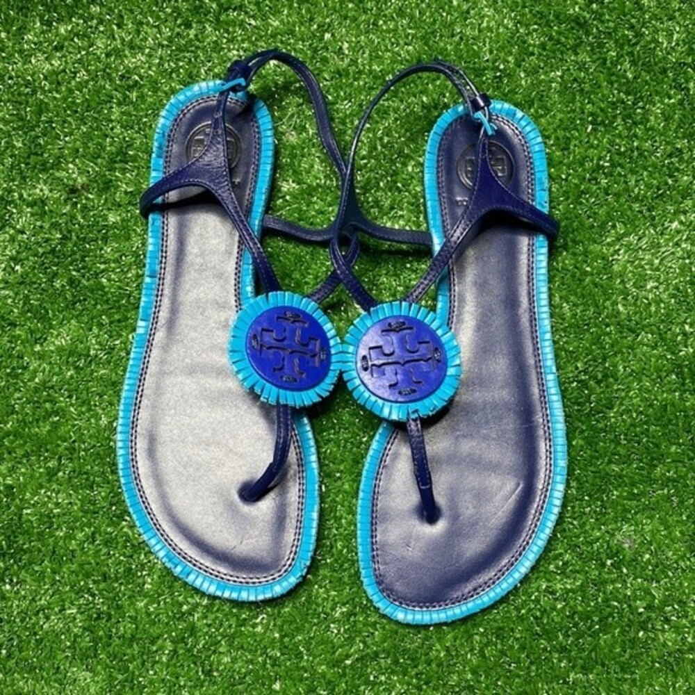 Tory Burch Miller Fringe Navy Sea Blue Thongs Sandals sz 6